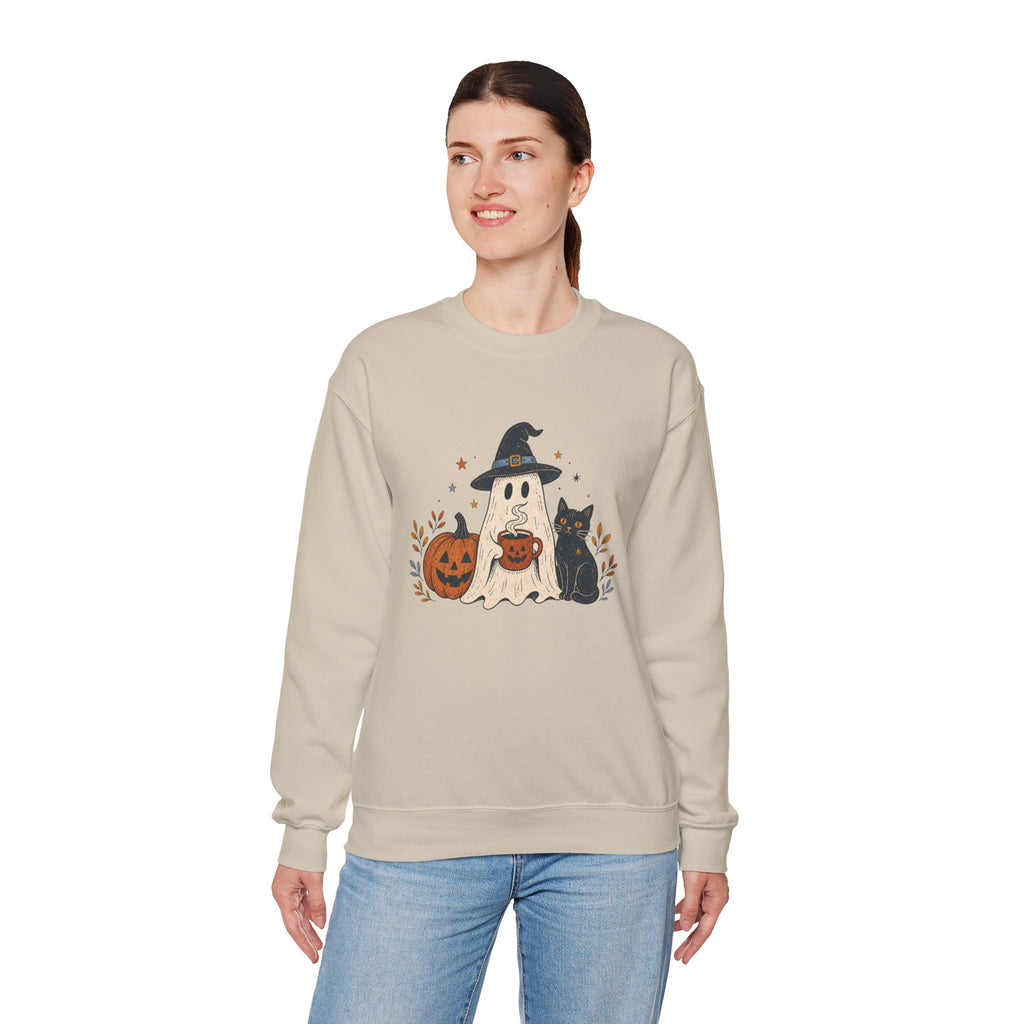 Cute Ghost with Witch Hat Sweatshirt | Halloween Pumpkin Black Cat Crewneck