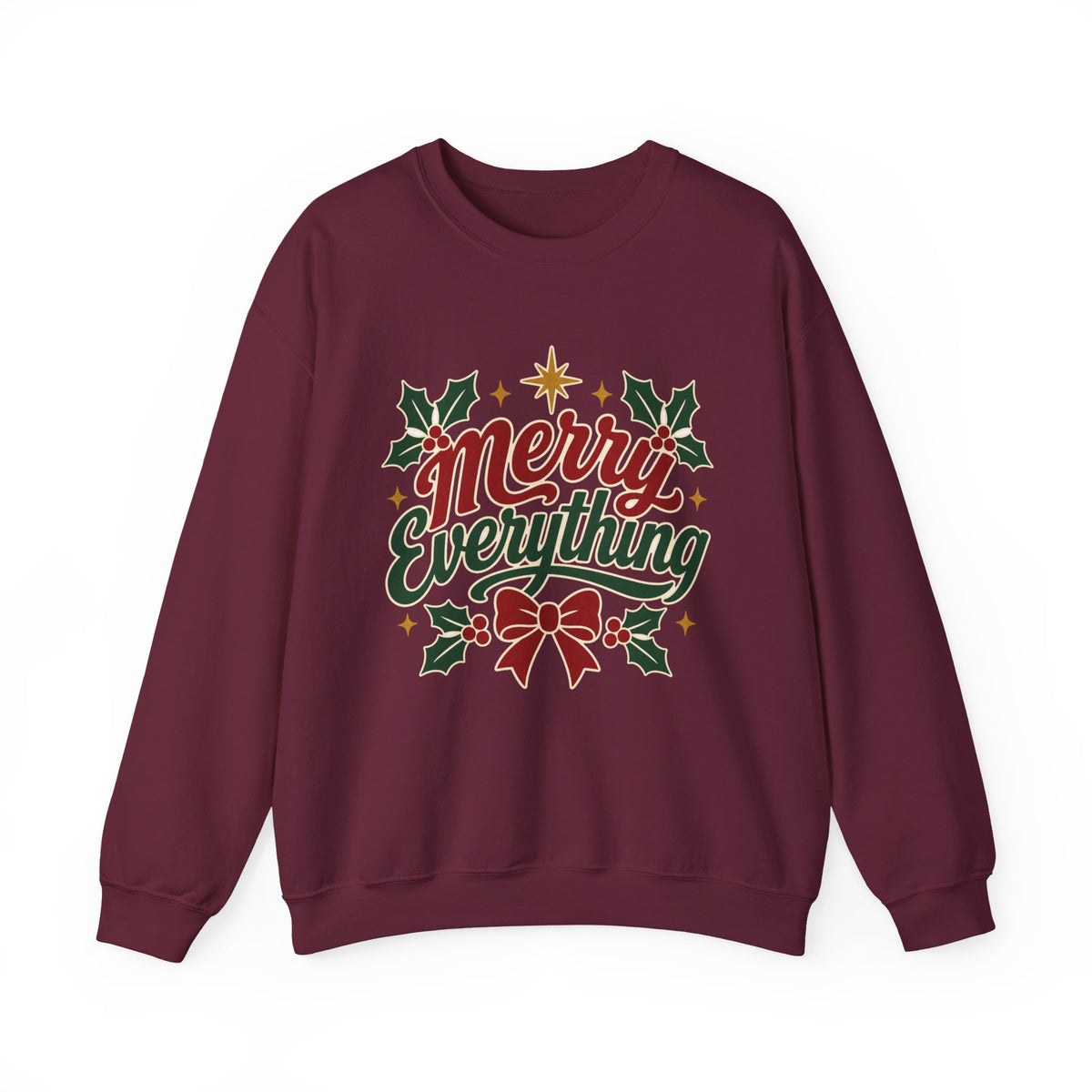 Merry Everything Christmas Sweatshirt | Holiday Script Holly Bow Crewneck