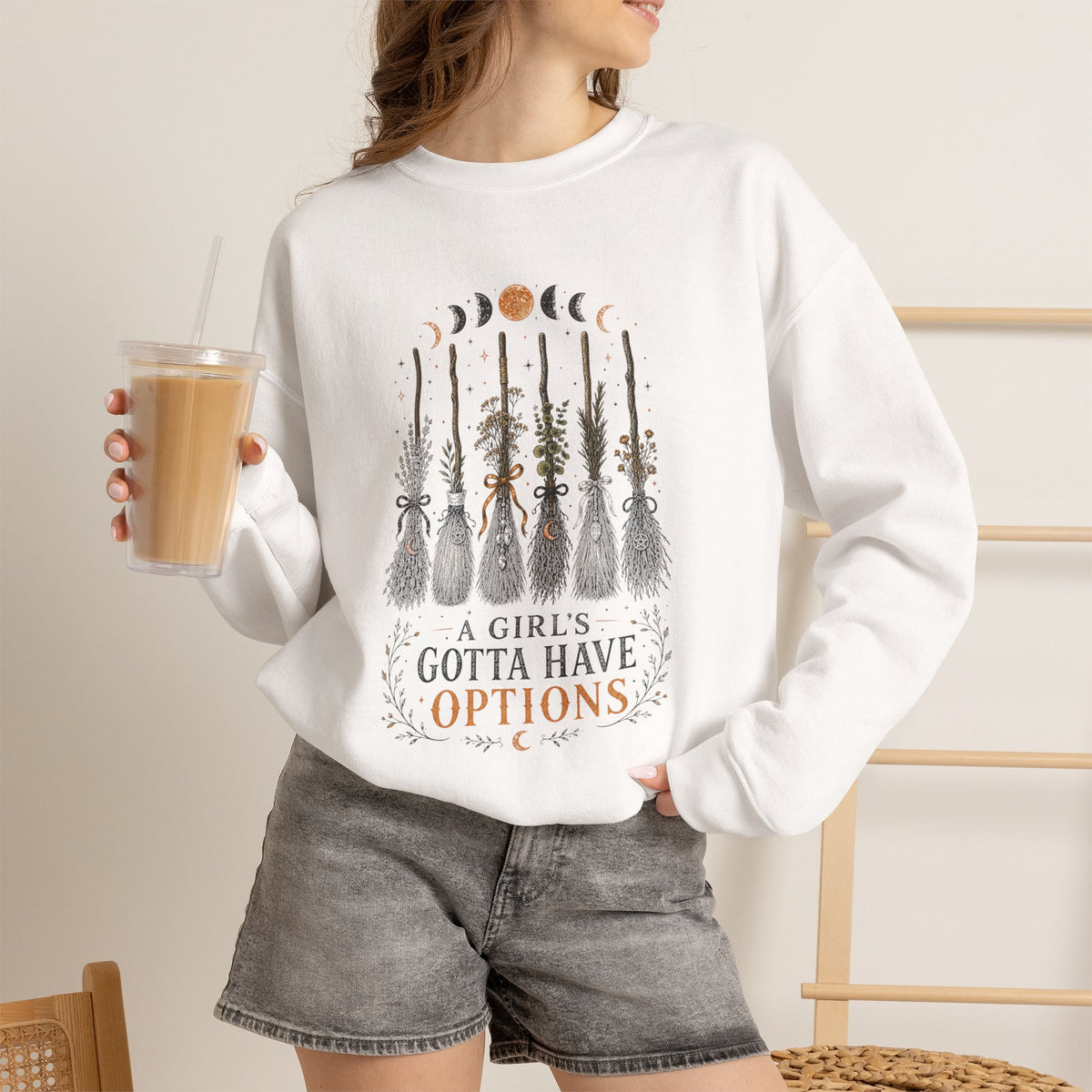 Witch Brooms & Moon Phases Crewneck Sweatshirt | A Girl's Gotta Have Options
