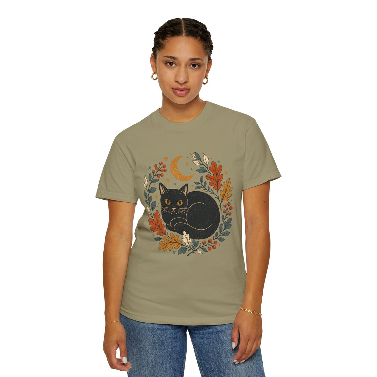 Black Cat Fall Wreath Comfort Colors T-shirt | Crescent Moon, Autumn Leaves