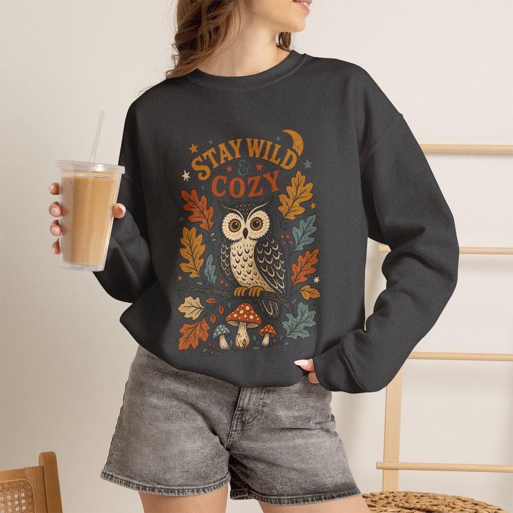 Stay Wild & Cozy Owl Sweatshirt | Autumn Leaves, Mushrooms
