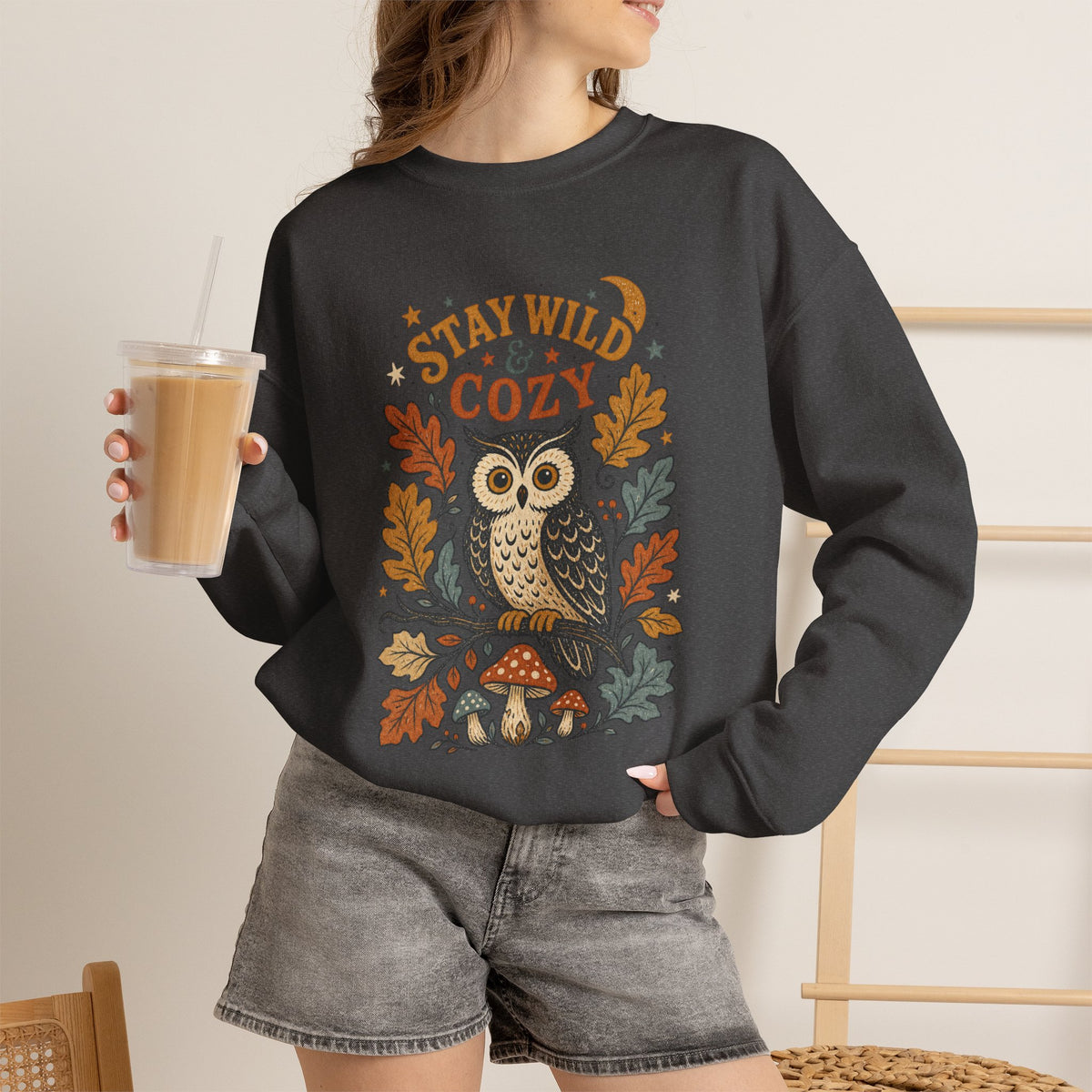 Stay Wild & Cozy Owl Sweatshirt | Autumn Leaves, Mushrooms