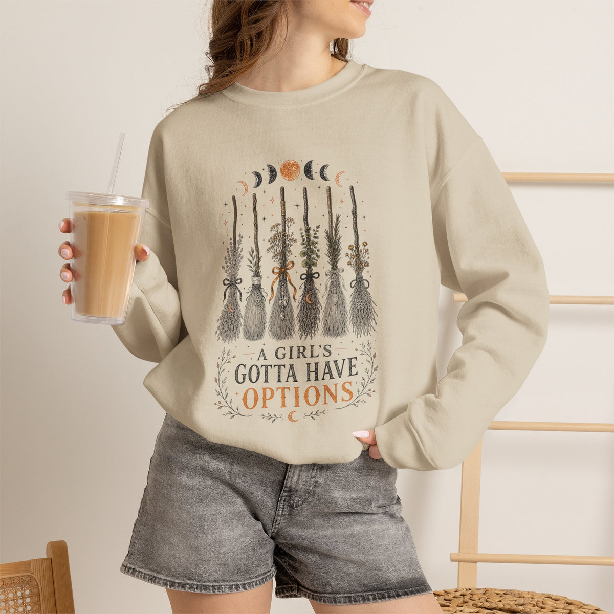 Witch Brooms & Moon Phases Crewneck Sweatshirt | A Girl's Gotta Have Options