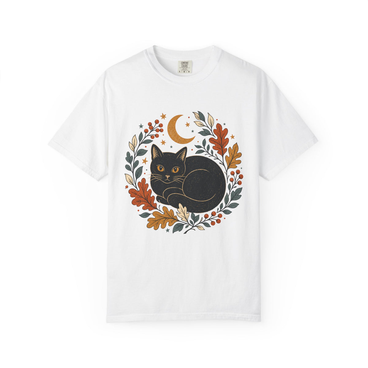 Black Cat Fall Wreath Comfort Colors T-shirt | Crescent Moon, Autumn Leaves