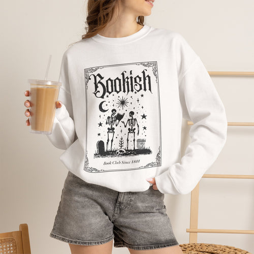 Bookish Halloween Skeletons Illustration Crewneck Sweatshirt | Witchy Reading Graphic