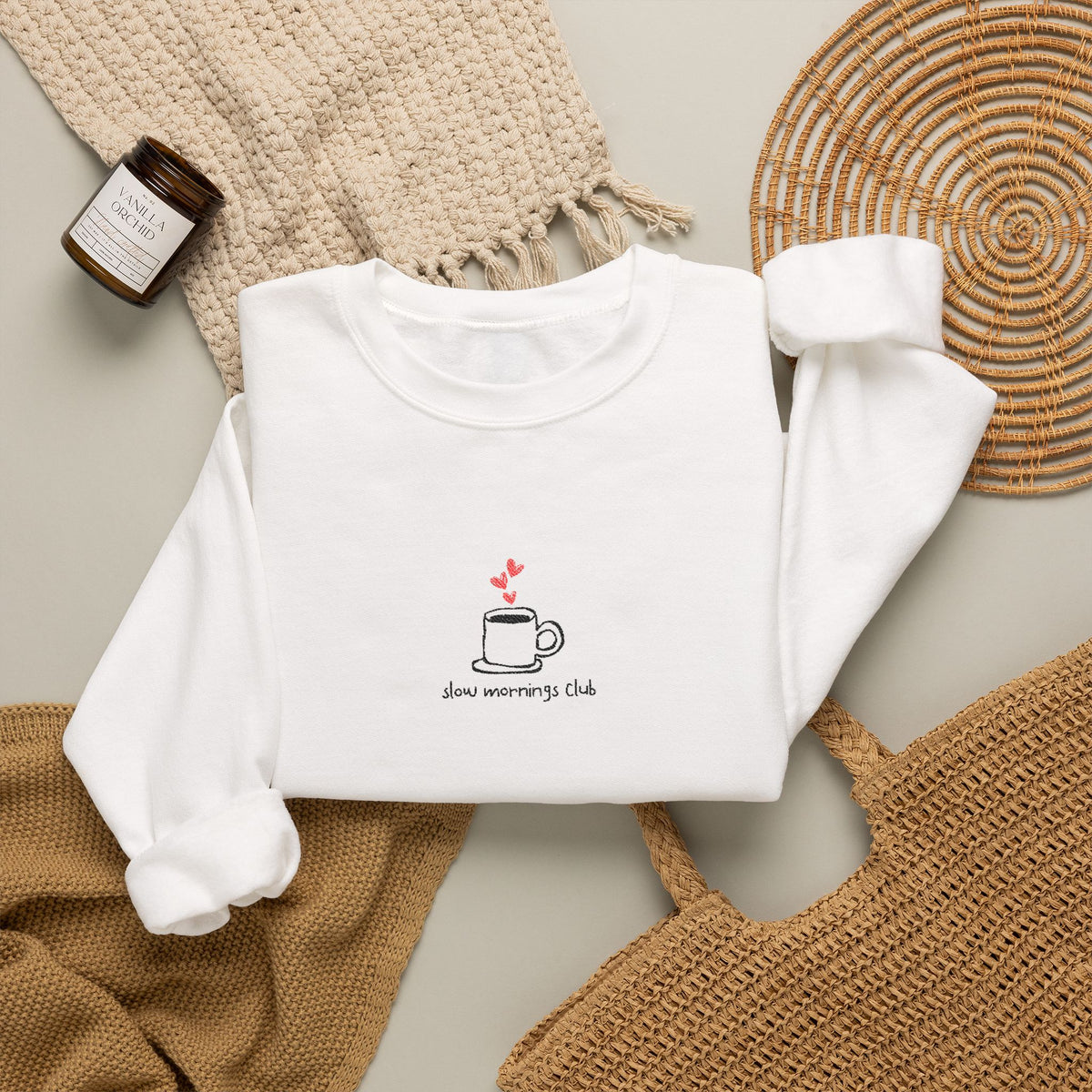Embroidered Sweatshirt Coffee Lovers— Slow Mornings Club Coffee Cup Hearts Minimalist Design