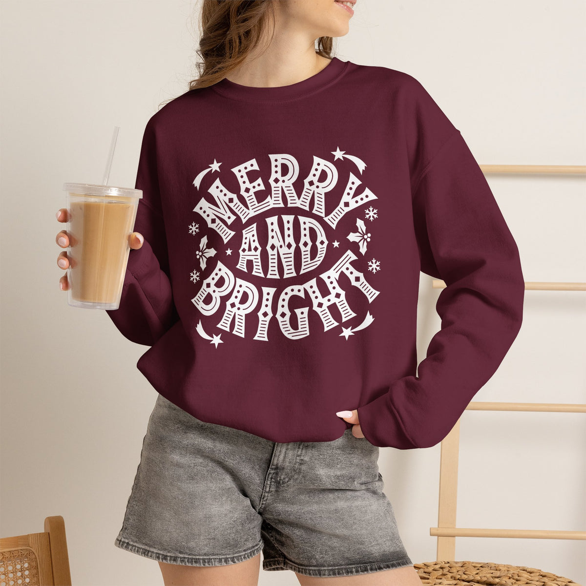Christmas Sweatshirt Merry and Bright | Vintage Style Typography Holiday Crewneck Snowflakes Stars