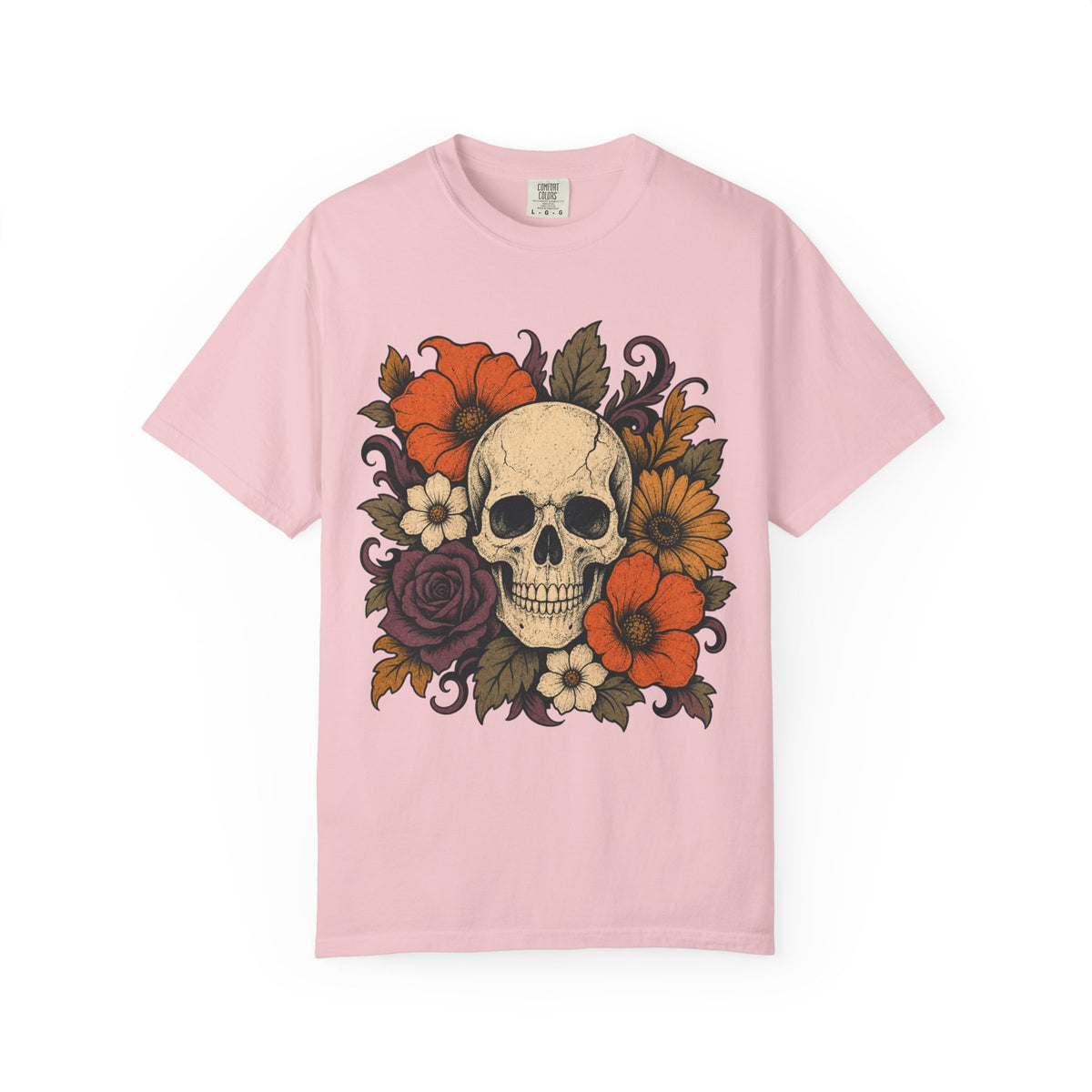 Skull with Autumn Flowers Comfort Colors T-shirt | Floral Skull Tee