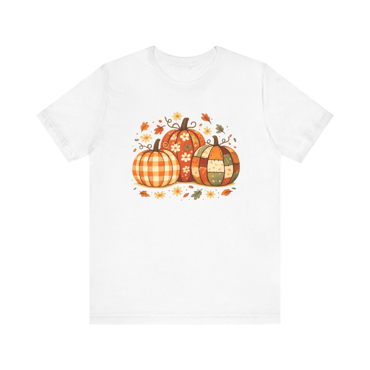 Plaid Patchwork Pumpkins T-Shirt | Fall Autumn Leaves Thanksgiving Tee