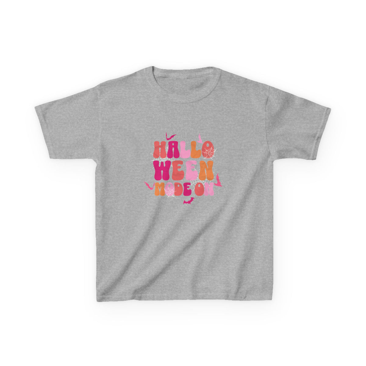 Halloween Vibes Kids Tee | groovy pumpkin lettering, pink orange retro
