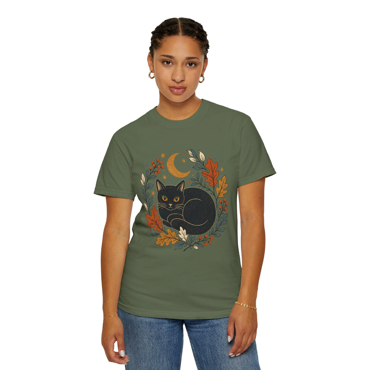 Black Cat Fall Wreath Comfort Colors T-shirt | Crescent Moon, Autumn Leaves