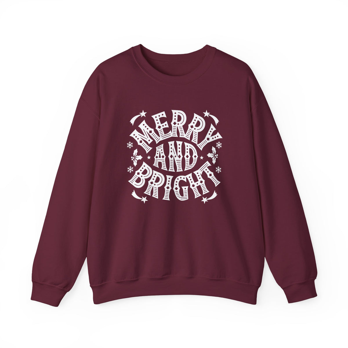 Christmas Sweatshirt Merry and Bright | Vintage Style Typography Holiday Crewneck Snowflakes Stars