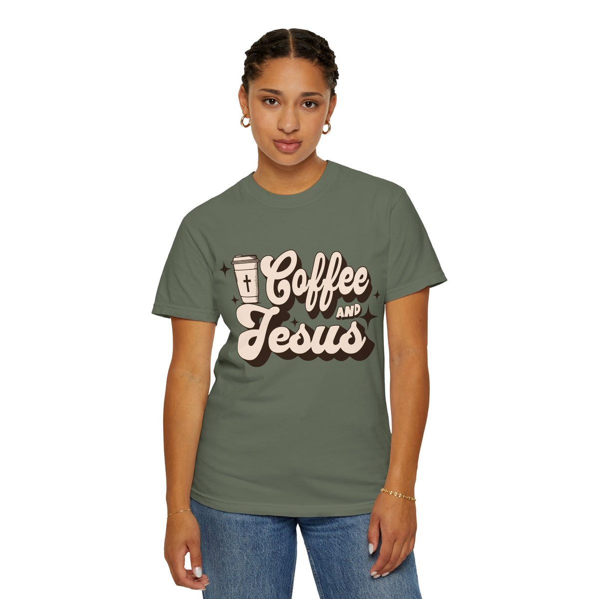 Coffee and Jesus T-shirt | Christian Retro Script Design COMFORT COLORS