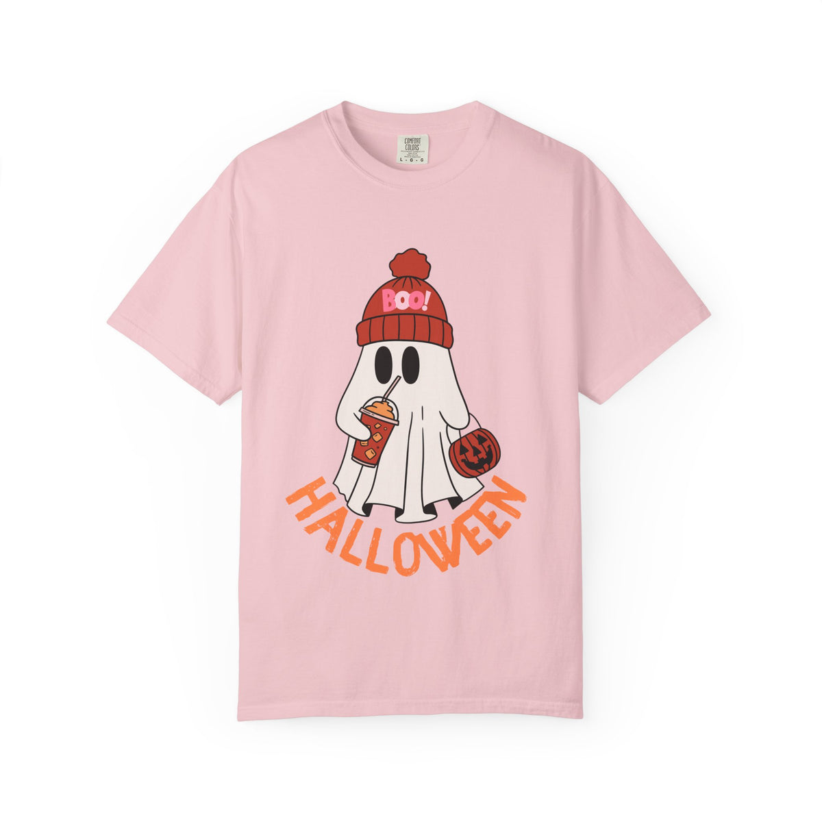 Cute Ghost Wearing BOO Beanie Halloween Comfort Colors T-shirt | Trick or Treat Pumpkin coffee Illustration