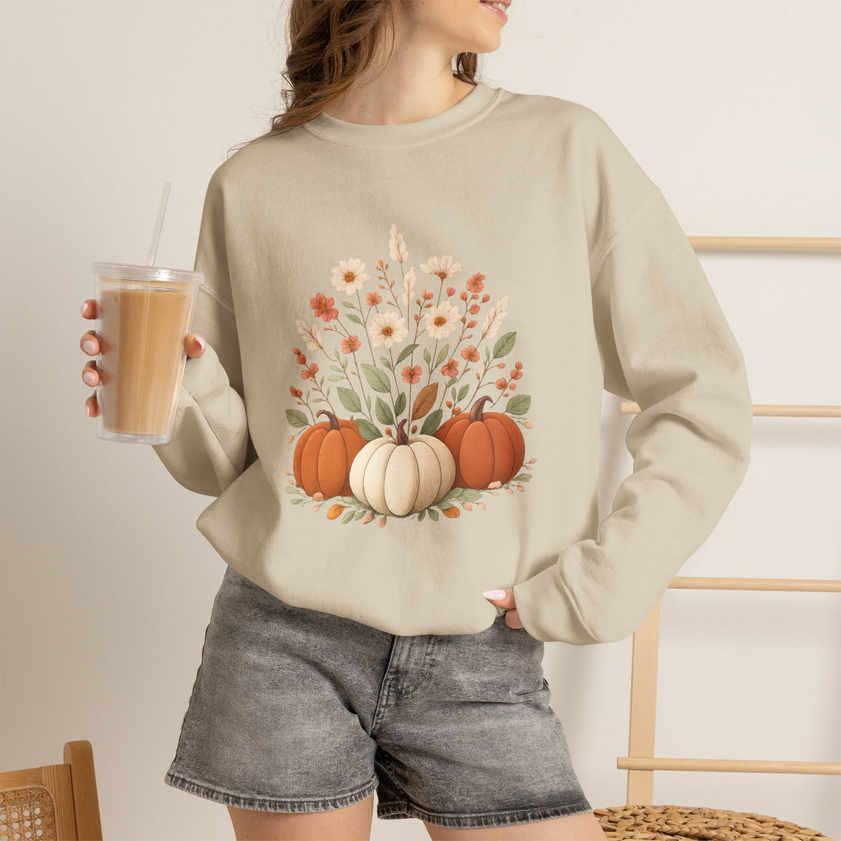 Autumn Floral Pumpkins Sweatshirt | Fall Harvest Pumpkin Crewneck