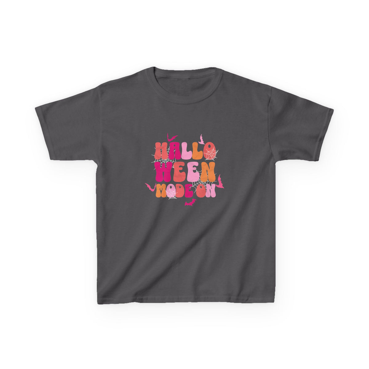 Halloween Vibes Kids Tee | groovy pumpkin lettering, pink orange retro