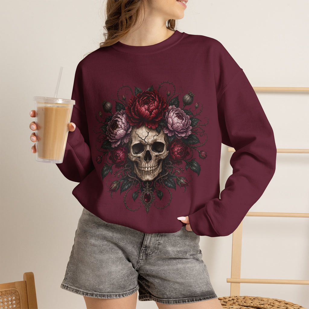 Floral Skull Crewneck Sweatshirt | Gothic Rose Skull Design