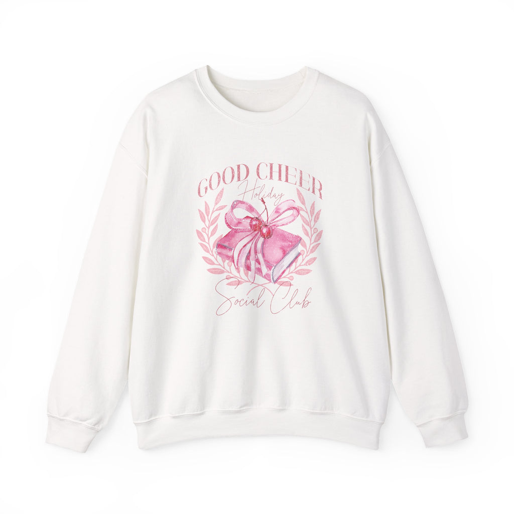 Christmas Sweatshirt Coquette Style | Good Cheer Social Club Pink Ribbon Wreath Holiday Cozy Crew