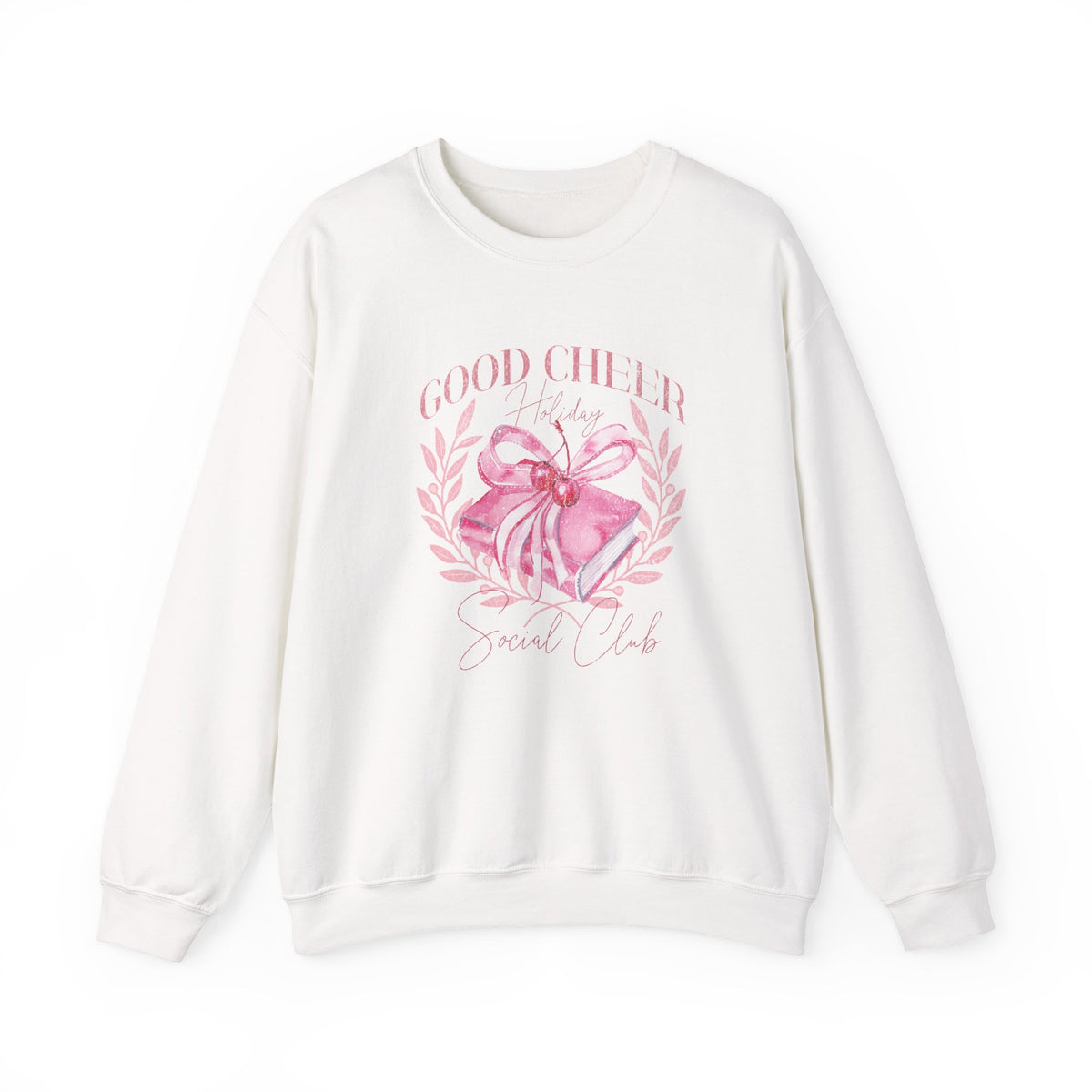 Christmas Sweatshirt Coquette Style | Good Cheer Social Club Pink Ribbon Wreath Holiday Cozy Crew