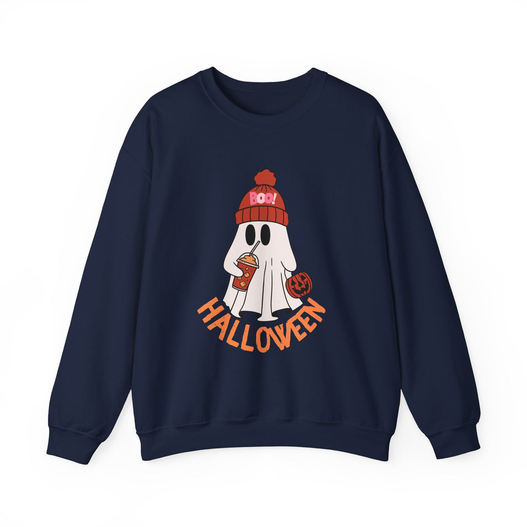 Cute Ghost wearing BOO beanie with iced coffee and trick or treat pumpkin Halloween Sweatshirt