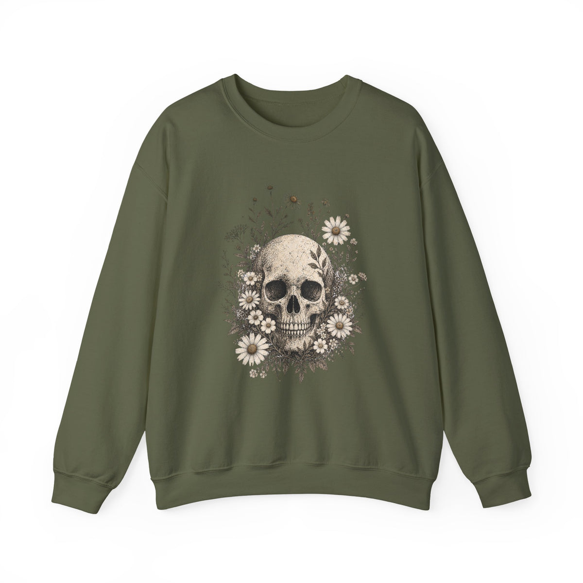 Skull with Daisies Crewneck Sweatshirt | Floral Fall Autumn Halloween Gothic Sweatshirt