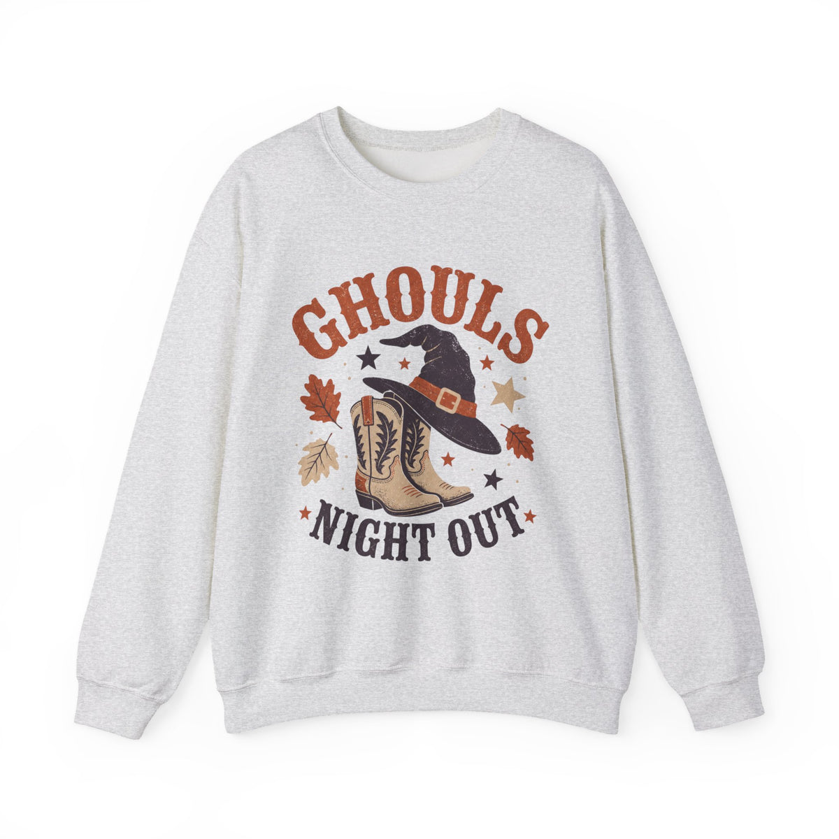 Ghouls Night Out Sweatshirt | Witch Hat & Western Cowboy Boots Halloween Crewneck
