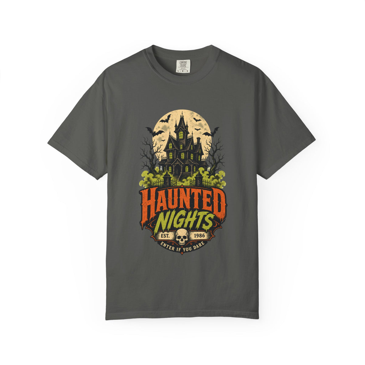 Haunted Nights haunted house T-shirt | Halloween spooky bats moon