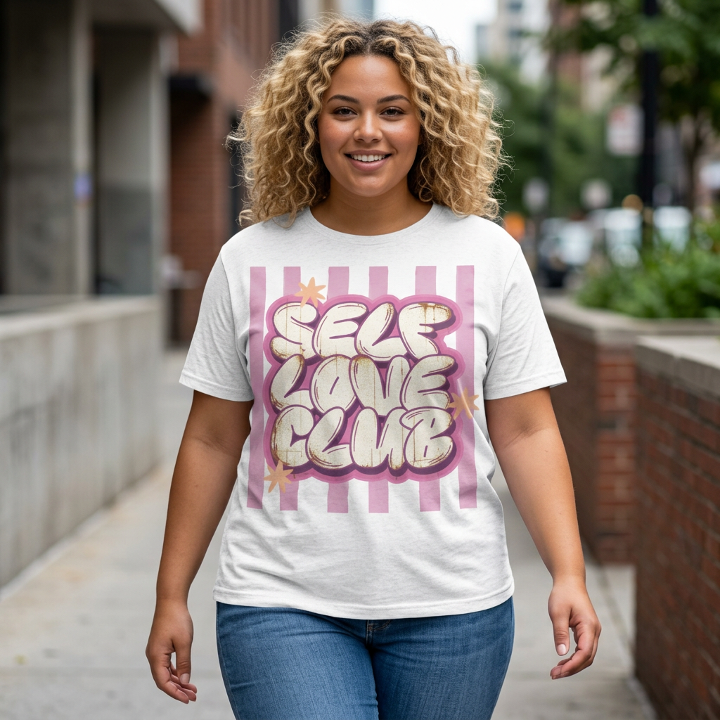 Self Love Club Tee | Pink Stripes, Retro Bubble Letter Graphic