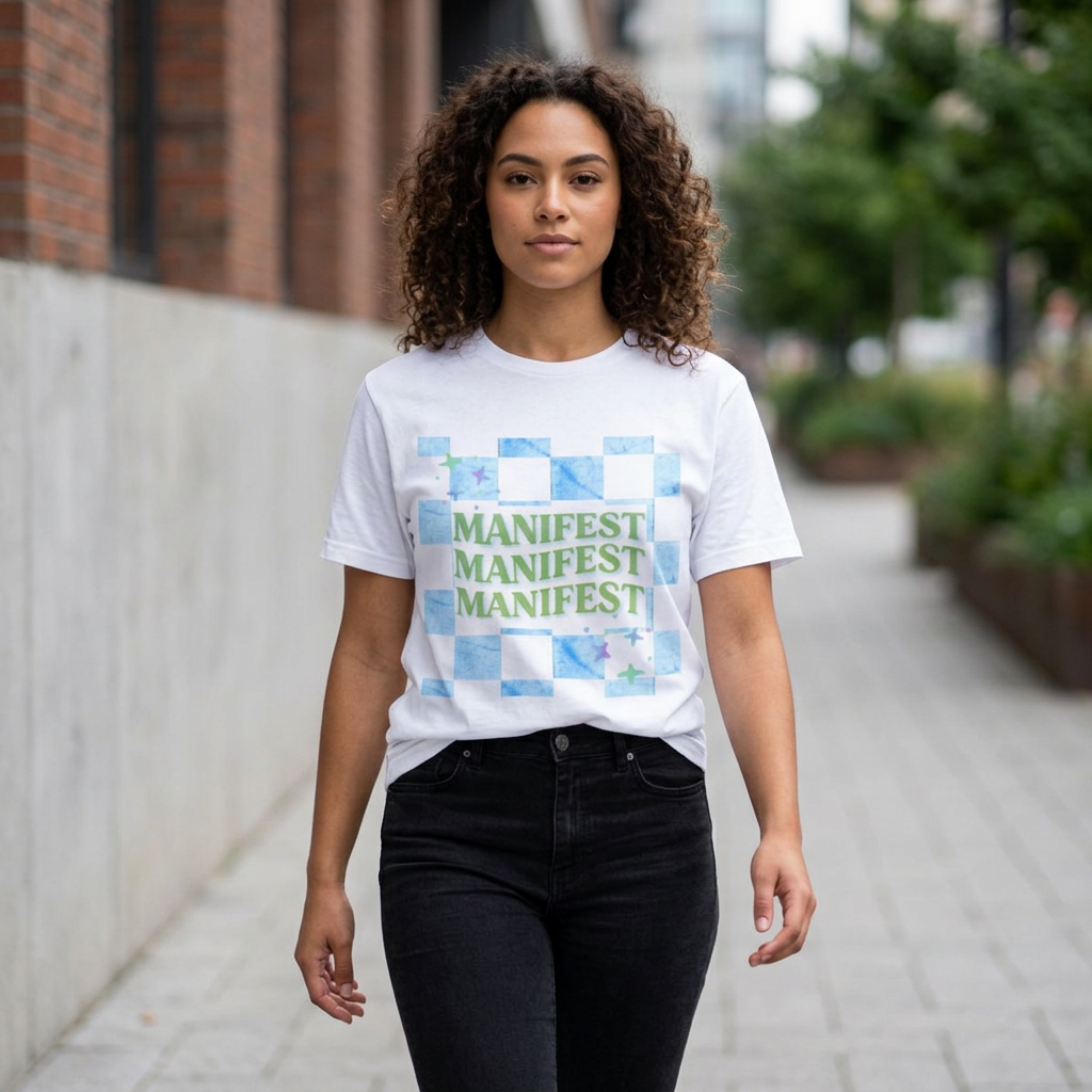 Manifest Repeat Checkerboard T-shirt | Manifest Typography, Blue Green Marble