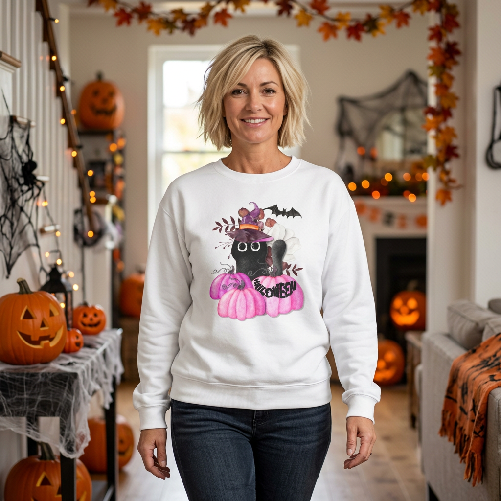 Black Cat with Pumpkins Crewneck | Halloween Witch Hat Bat Fall Foliage