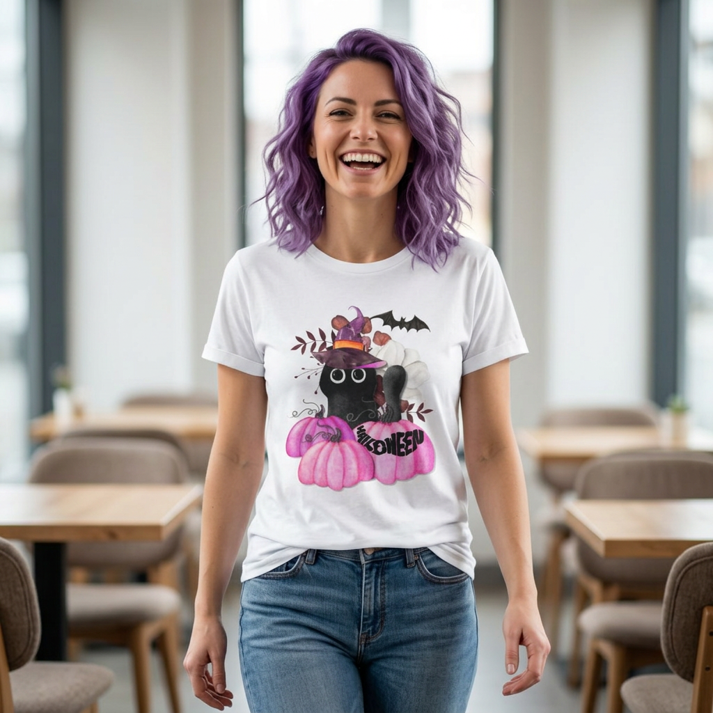 Black Cat Witch with Pink Pumpkins Tee | Halloween Cat Shirt
