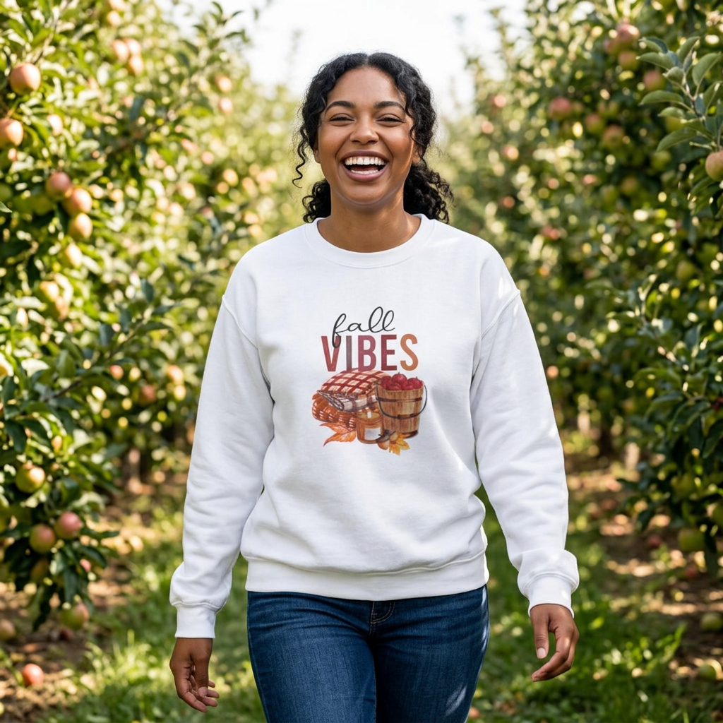 Fall Vibes graphic sweatshirt | autumn picnic apples plaid basket