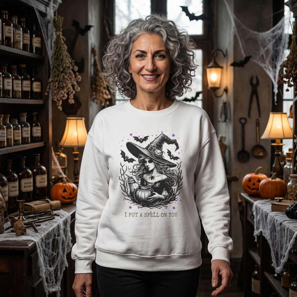 Witch Stirring Cauldron, Bats Illustration Sweatshirt | I Put a Spell on You, Halloween