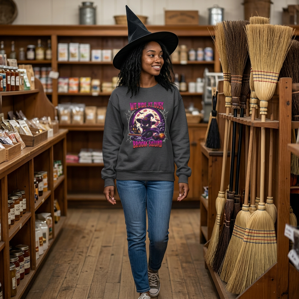 Halloween Sweatshirt Broom Squad Witch Black Cat Crewneck | We Ride at Dusk Halloween