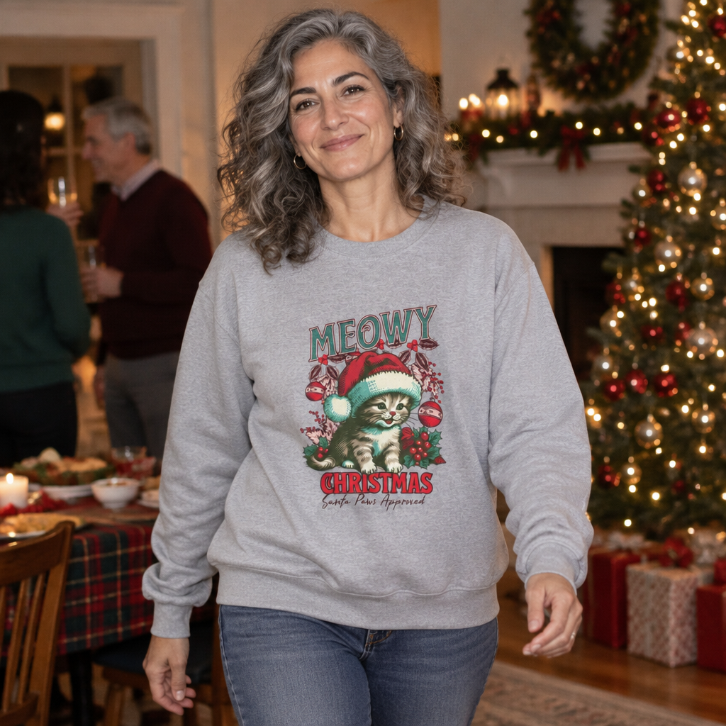 Christmas Sweatshirt Cat| Retro Holiday Kitty, Santa Hat, Ornaments Meowy Christmas