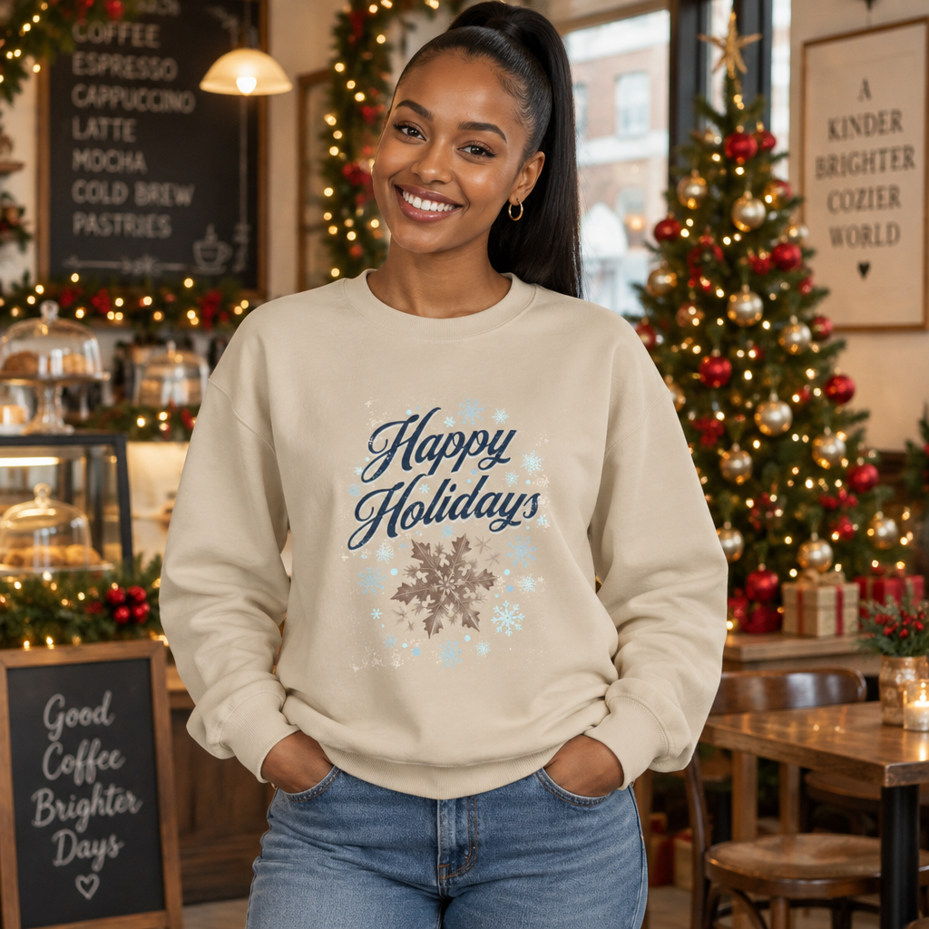Christmas Sweatshirt | Happy Holidays snowflakes shades of blue neutral colors