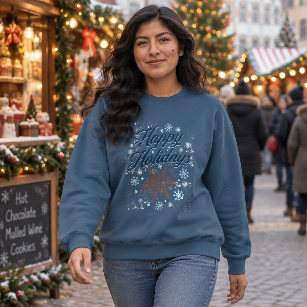 Christmas Sweatshirt | Happy Holidays snowflakes shades of blue neutral colors