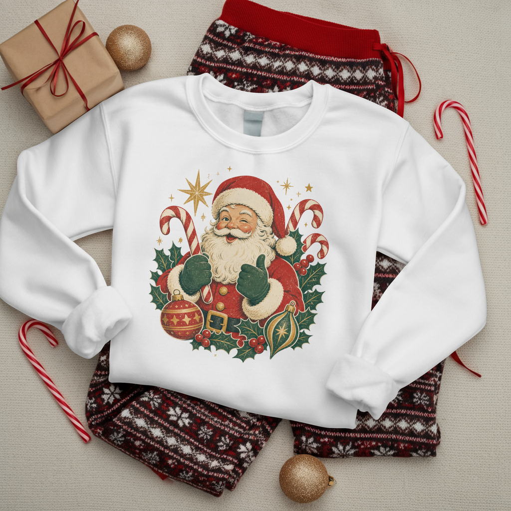 Vintage Santa Claus sweatshirt | Retro Christmas Santa, candy canes & ornaments