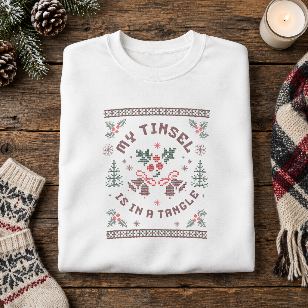 Christmas Sweatshirt Humor | My Tinsel Is in a Tangle Retro Pixel Art Crewneck