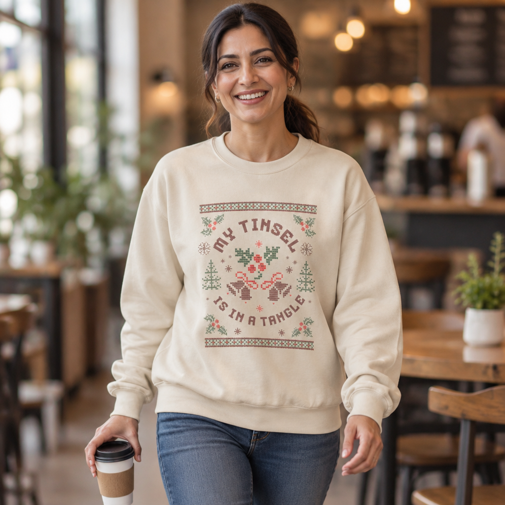 Christmas Sweatshirt Humor | My Tinsel Is in a Tangle Retro Pixel Art Crewneck