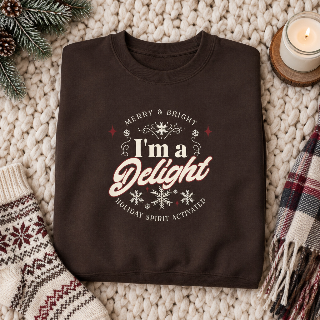 Christmas Sweatshirt Humor | Merry and Bright I'm a Delight Holiday Spirit Crewneck