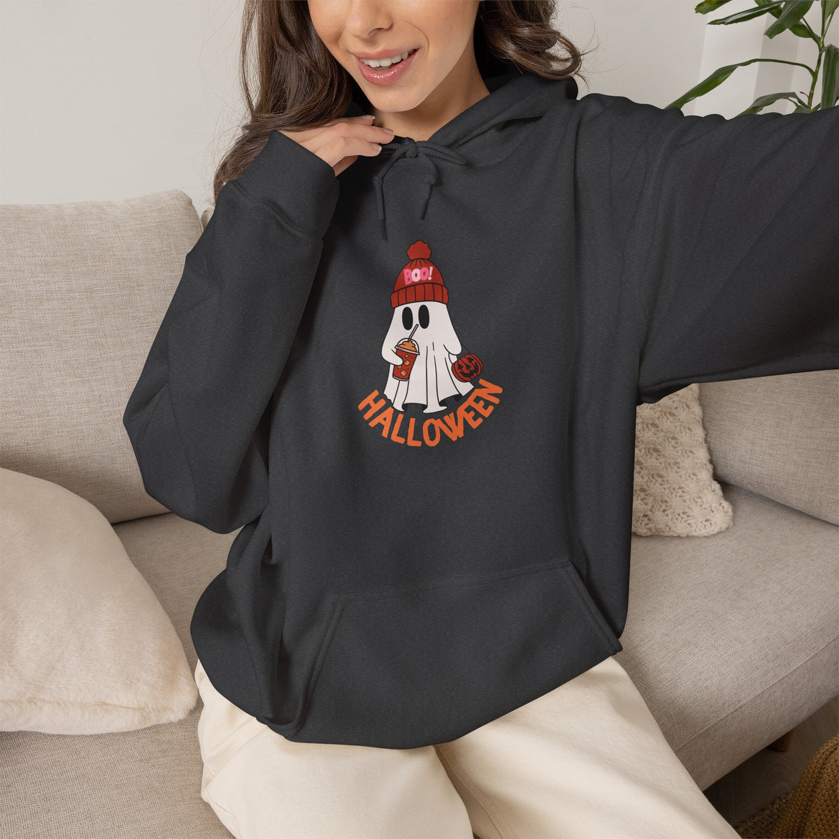 Cute Ghost in Beanie Halloween Hoodie | Retro Boo Cool coffee drinking trick or treat Pumpkin Design