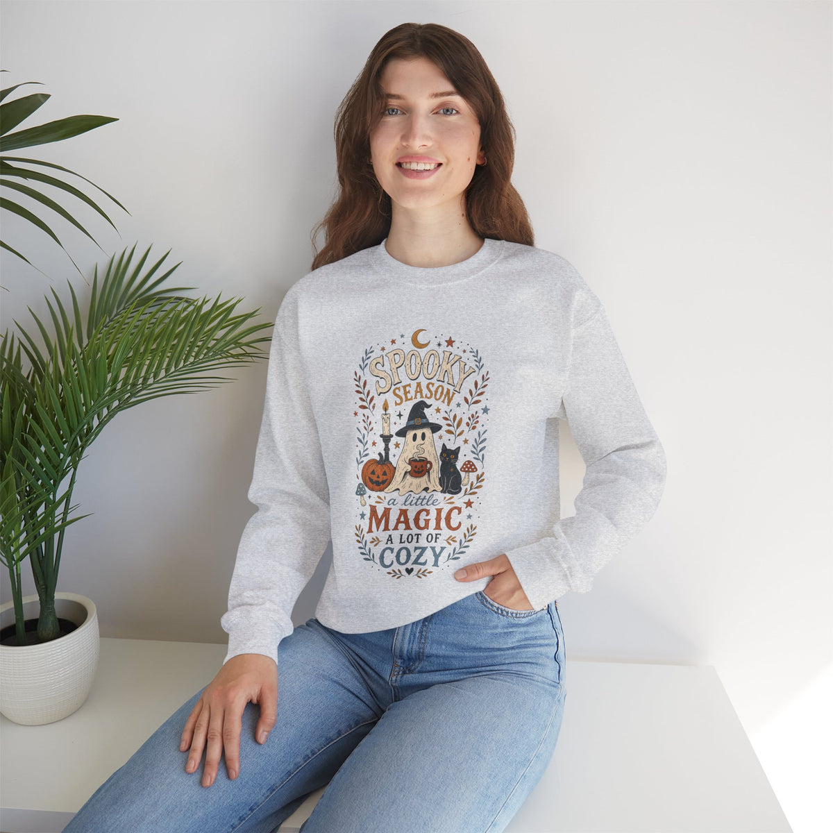 Spook Season Ghost with Witch Hat Cat Pumpkin Sweatshirt | Cozy Halloween Magic Autumn Botanicals