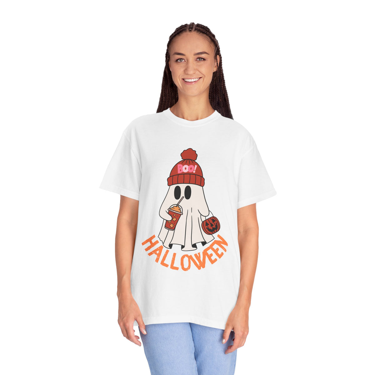 Cute Ghost Wearing BOO Beanie Halloween Comfort Colors T-shirt | Trick or Treat Pumpkin coffee Illustration