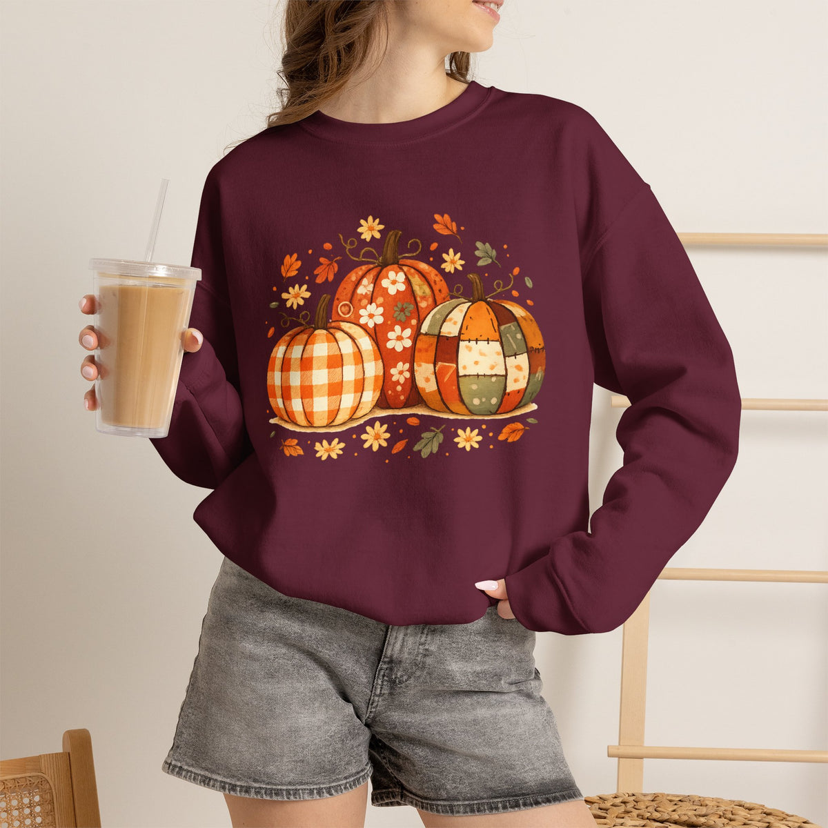 Patchwork Pumpkins Crewneck Sweatshirt | Autumn Plaid Pumpkin Trio