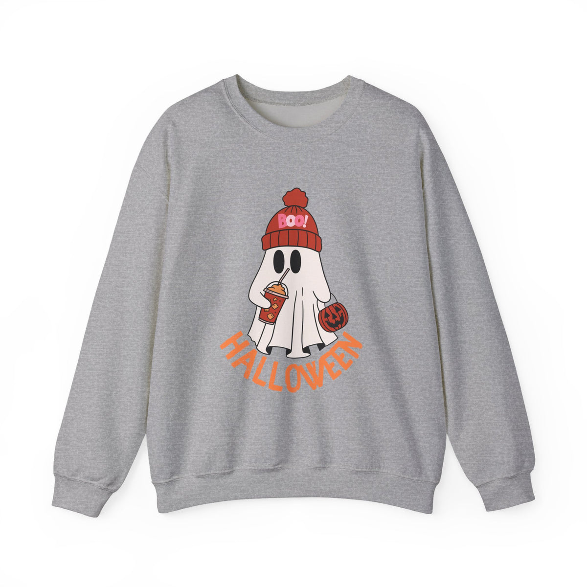 Cute Ghost wearing BOO beanie with iced coffee and trick or treat pumpkin Halloween Sweatshirt