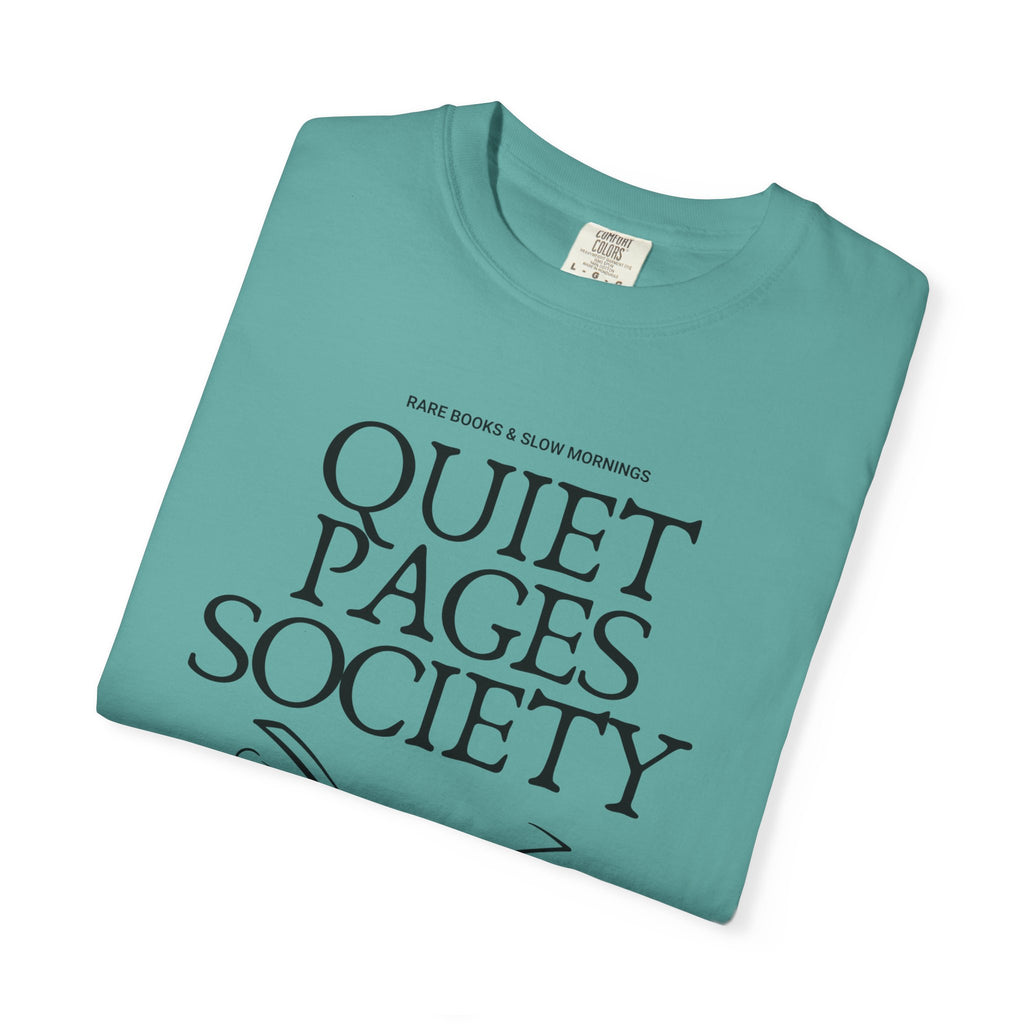 Quiet Pages Society Comfort Colors T-shirt | Open Book Illustration, Literary Reading Club Tee