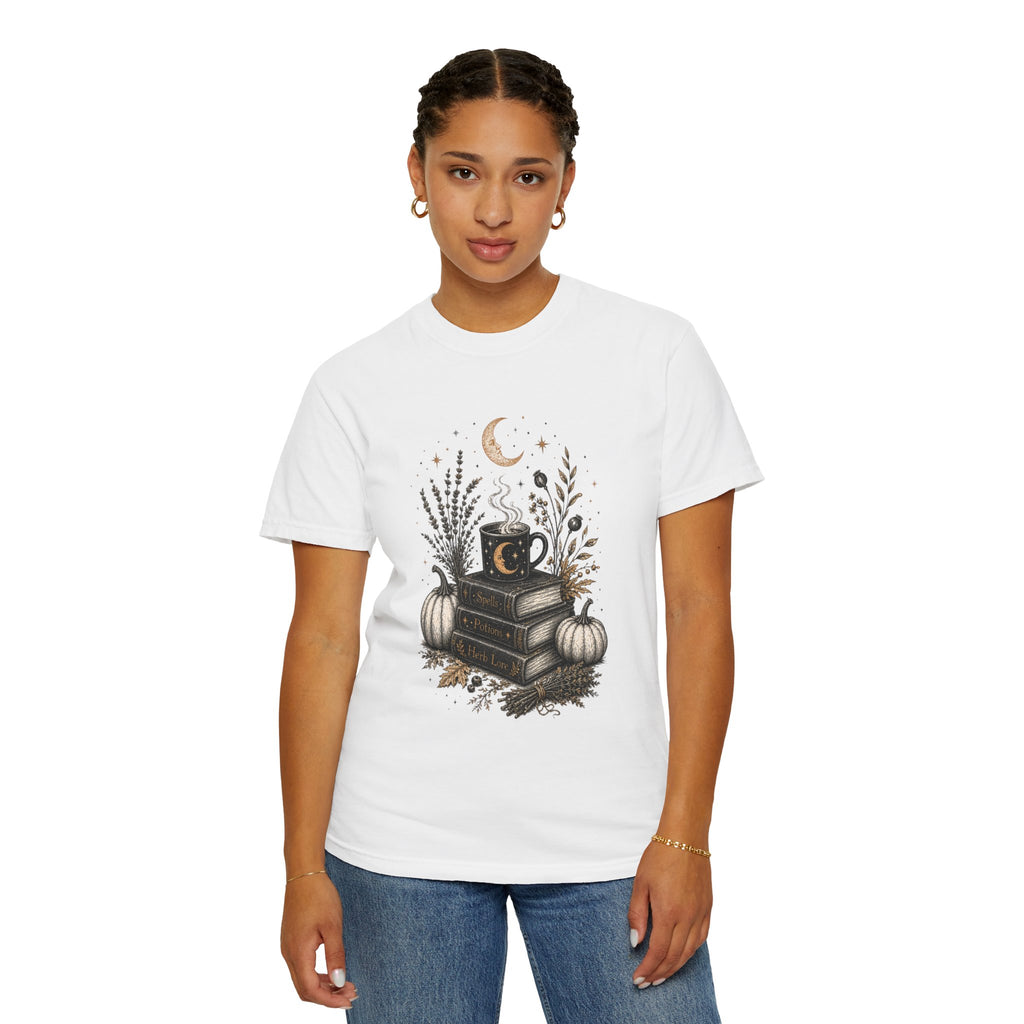 Cozy Fall Book Stack with Moon Coffee Mug T-shirt | Autumn Pumpkin Floral