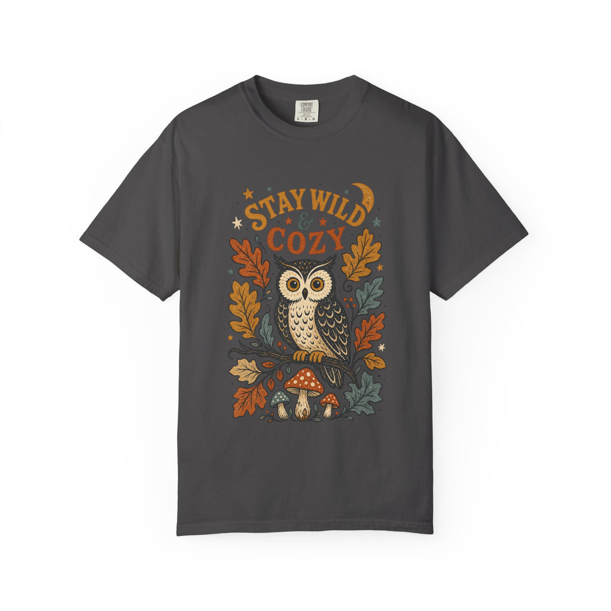 Stay Wild & Cozy Owl Illustration Comfort Colors T-Shirt | Autumn Leaves, Mushroom