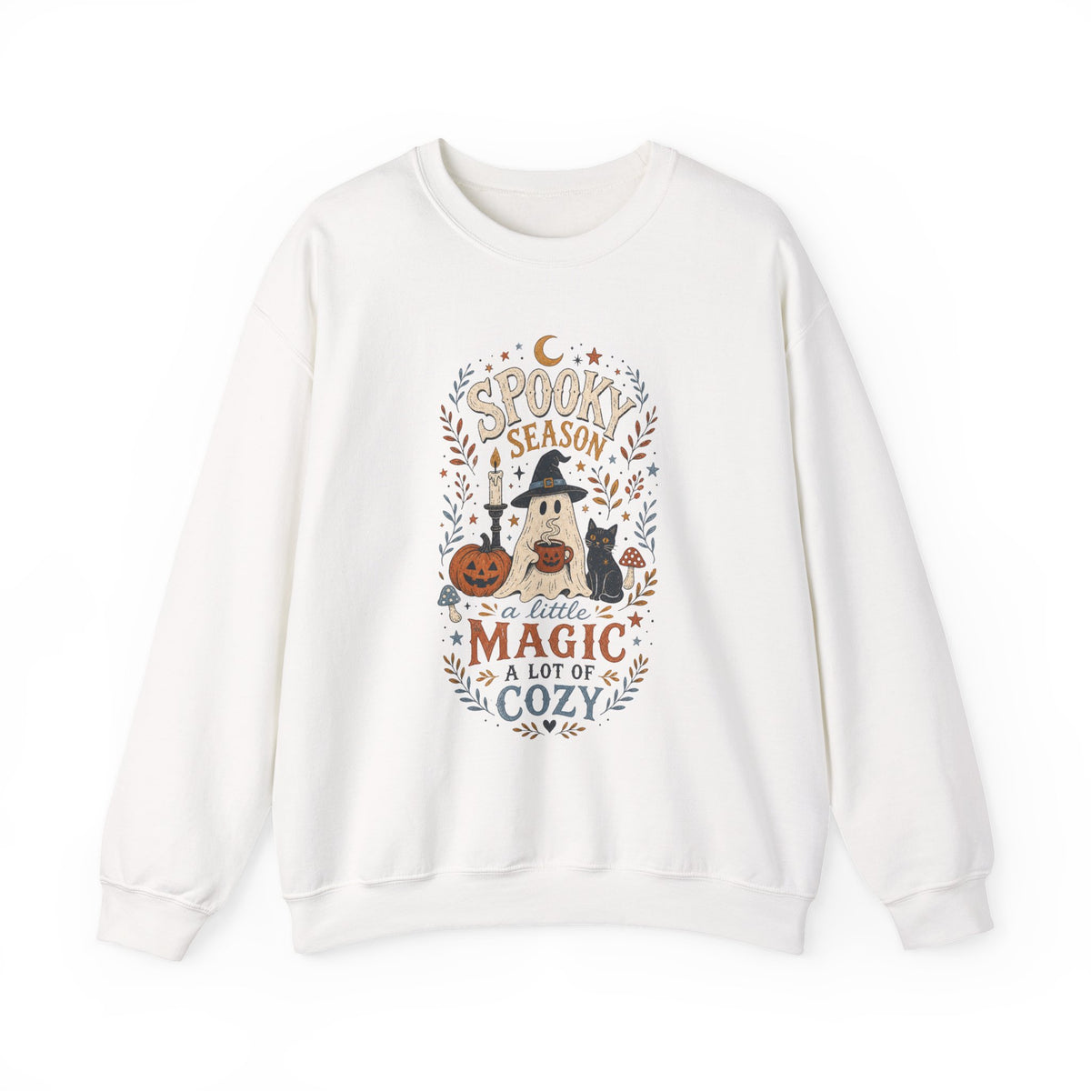 Spook Season Ghost with Witch Hat Cat Pumpkin Sweatshirt | Cozy Halloween Magic Autumn Botanicals